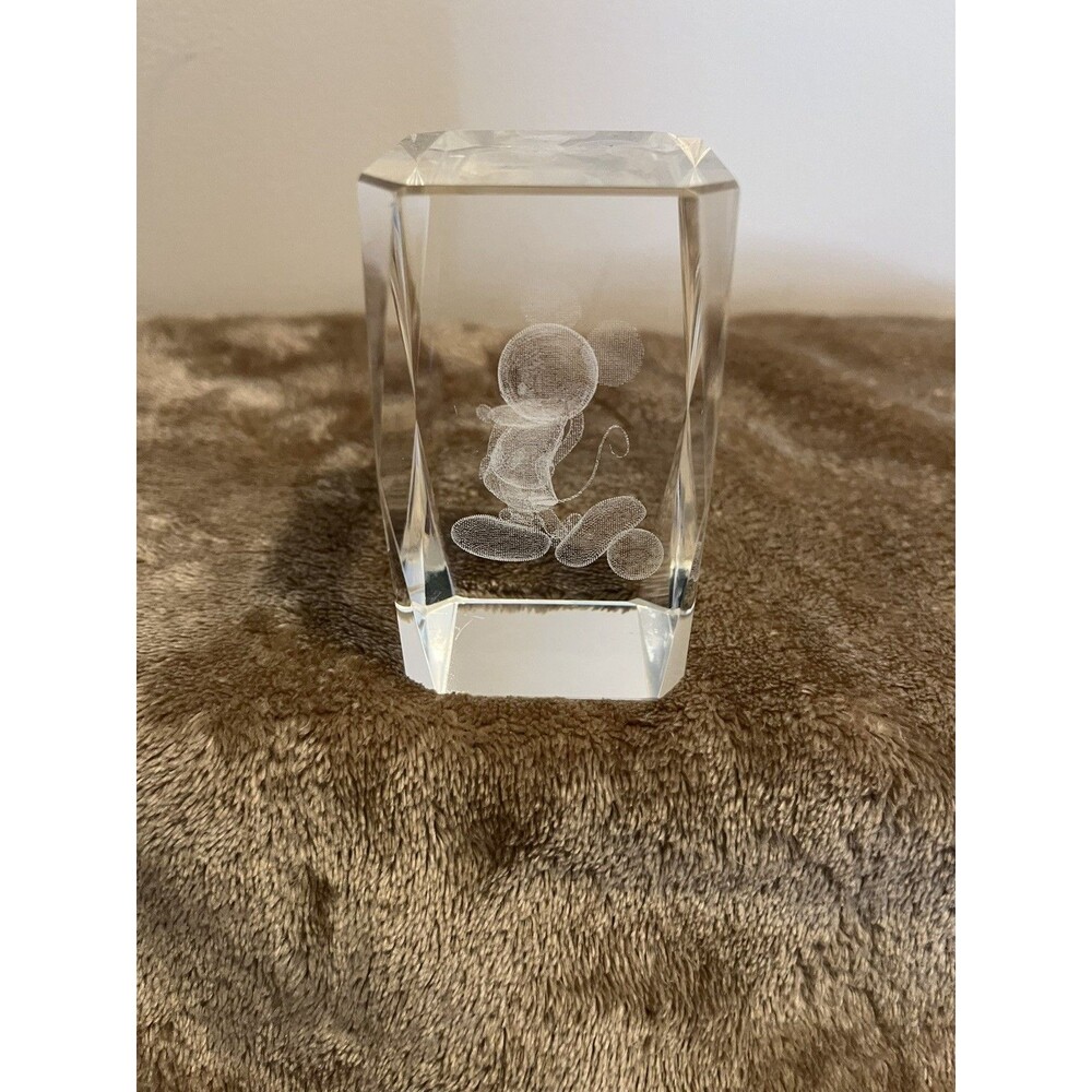 Walt Disney Mickey Mouse 3D Laser Etched Crystal Glass Cube Paperweight